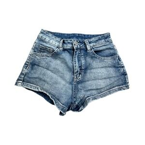 Romwe Denim Shorts Womens S Blue High Waisted Embroidered‎ Back Pocket Boho 4367